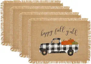 Elrene Home Fashions Happy Fall Y'all Autumn Burlap Placemat Set, 13" x 19", Set of 4
