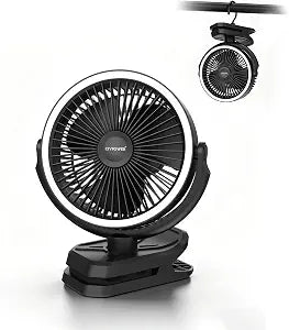 Clip on Fan 16000mAh: Portable Rechargeable Clamp Fan for Stroller Bed Camping Tent Golf Cart - Quiet Battery Operated with 3 Speed Strong Airflow LED Light Hook for Office Desk Outdoor (Black)