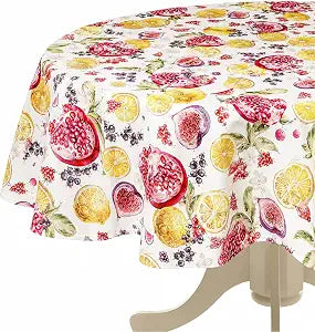 Violet Linen European Lemon Citrus Fruits Berries Pattern, Polyester Woven Printed Fabric, Multi, 70 inch Round, Seats 4 to 6 People, Tablecloths