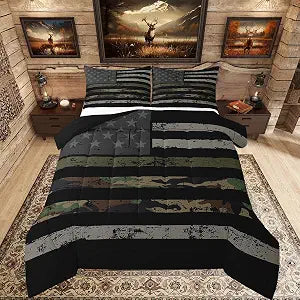Feelyou American Flag Camo Bedding Set Twin Size Kids Military Hunting Duvet Quilt for Boys Girls Teens Rustic Camouflage Print Comforter Set Breathable Soft Microfiber