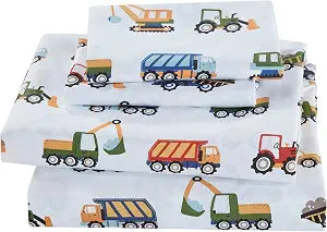 Linen Plus Sheet Set for Kids Construction Tractors Excavators Loaders Dump Trucks Compactors White Blue Red Green Yellow Grey Flat Fitted and Pillow case Crib Size New