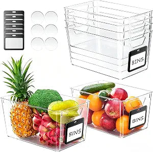 iCASA 6-Pack Clear Fridge Organizers and Storage Bins Container with Labels