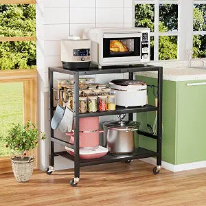 Rolling Kitchen Microwave Cart, 3 Tier Microwave Stand with Wheels, Bathroom Organizers and Storage Shelf, Serving Cart, Baker's Rack, Coffee Bar Table Station for Kitchen, Office, Black
