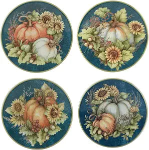 Autumn Breeze Set of 4 Earthenware Canape Plates Delight guests with appetizers or desserts on these mini plates featuring charming autumn pumpkins and sunflowers 6"