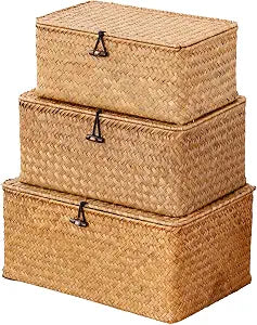 Nonam Wicker Storage Basket with Lid,Seagrass Shelf Basket Set of 3,Natural