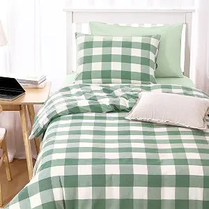 Wake In Cloud - Gingham Cotton Duvet Cover Set, Plaid Buffalo Check Checkered Farmhouse, 100% Washed Cotton Textured Bedding Set, 3 Pieces, Green White, Twin/Twin XL Size