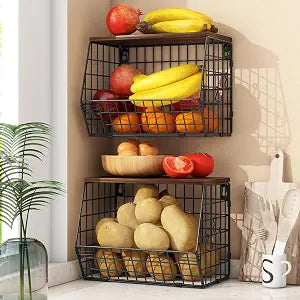 Mefirt 2pcs Fruit Basket Kitchen Storage Basket with Wood Lid