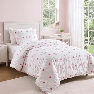 Twin Size Comforter Set for Girls Pink Tufted Daisies Flowers Bedding Sets
