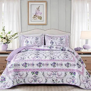 Anibedding Purple Queen Quilt Set, 3 Pieces Floral Pattern Quilts Bedspread