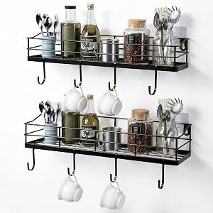 Lyeasw Black Floating Shelves Wall Mounted with 8 Removable S-Hooks for Mugs, Towels, Utensils, Adhesive Shower Shelf Organizer for Coffee Bar Kitchen or RV Storage and Organization, Set of 2