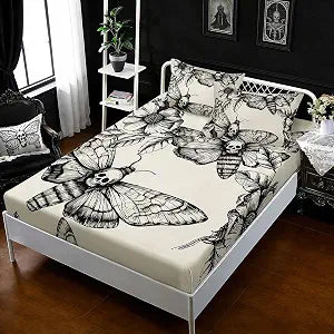 HOSIMA Gothic Death Moth Queen Bedding Sets,1 Fitted Sheet+2 Pillowcases.