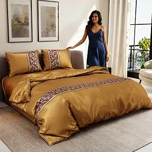 Stoa Paris Luxury Satin Queen Duvet Cover Set 3PCs, 300TC Silk Like All Season Luxury Bedding, Skin & Hair Safe, Hidden Zipper + 2 Pillow Shams 20x30���, No Comforter Included, Versailles - Gold
