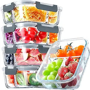 VERONES 5 PACK 36 OZ Glass Food Storage Containers 3 Compartment Set, Grey