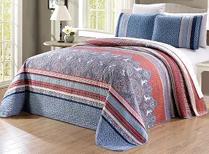 Grand Linen 3-Piece Fine Printed (90" X 88") Quilt Set Reversible Bedspread Coverlet (Double) Full Size Bed Cover (Light Blue, Navy, Blue, Coral)