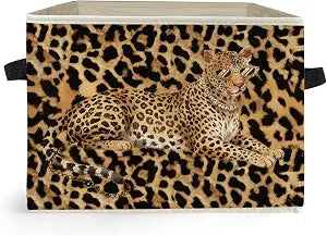 Trendy Leopard Print Storage Box Bins, Funky Cheetah with Sunglasses Collapsible Storage Basket Organizer for Bedroom Laundry Room Home Clothes Books, Decor for Room