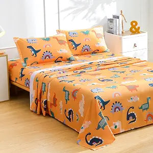 Cartoon Dinosaur Kids Sheet Set Twin Size - Orange Dinosaur & Rainbow Bed Sheet Set 3 Piece, Soft Microfiber Cartoon Dino Bedding with Deep Pocket