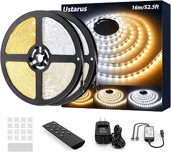 LED Strip Lights White 52.5ft 24V Dimmable 3000K-6000K LED Tape Rope Light with Remote Flexible 2835 LED Ribbon for Kitchen Under Cabinet Mirror Room Indoor Home Daylight Warm White