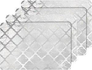 Dainty Home Silver Trellis Marble Rectangle Cork Placemats - Heat Resistant Placemats, Non-Slip, Easy Clean Placemats for Elegant Dining - 12"x18" Set of 4 - Perfect for Stylish, Modern Homes