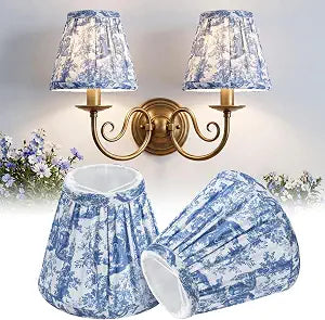 VIHOSE Pleated Chandelier Lamp Shades Blue and White Chinoiserie Clip on Bulb, 3x 5.5x 4.7inch Blue Toile French Country Fabric Lampshades for Wall Sconces Pendant Lighting