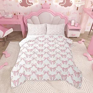 jejeloiu Pink Bows Comforter Set Full Size Bedding Set