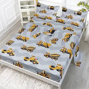 Construction Truck Sheet Set 4Pcs Grey Machinery Truck Excavators Vehicles Tractor Printed Sheet Set with 1 Flat Sheet and 1 Fitted Sheet + 2 Pillowcases for Boys(Truck Grey Twin)