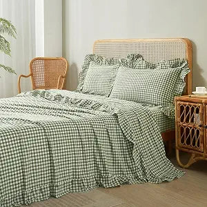 Ruffle Gingham Sheets Set Twin XL Soft Microfiber Green Plaid Bed Sheets