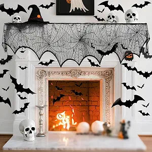 61 Pcs Halloween Mantel Decor Set, with Spiderweb Cover and Bat Stickers
