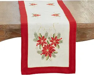 Linen Blend Embroidered Poinsettia Table Runner