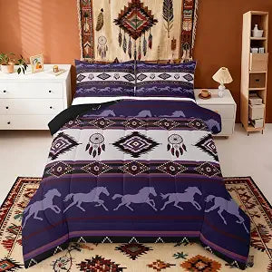 Castle Fairy Boho Aztec Kids Comforter Set Queen Size,Southwest Native Tribal Exotic Reversible Bedding Set for Girls Bedroom Decor American Ethnic Purple Horse Quilted Duvet,2 Pillowcases
