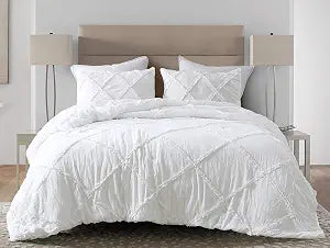 Chezmoi Collection Vivian 3-Piece Diamond Ruffle Quilted Trim Soft Washed Microfiber Comforter Set (King, White)