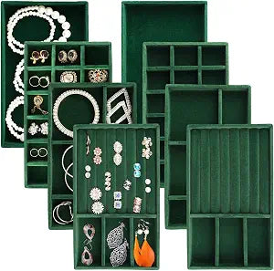 Jewelry Trays for Drawers, Set of 8 Stackable Velvet Jewelry Tray Inserts for Rings, Earrings, Necklaces, Bracelets Fits Most Dresser/Closet Drawers, NonSlip Lined, Green