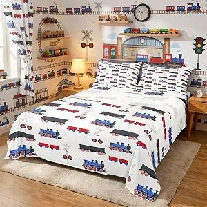 Erosebridal Cartoon Train Red Blue Bed Sheets Set,Sheet Set Twin Size
