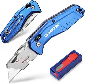WORKPRO Premium Axis Lock Utility Knife Folding, Heavy Duty Metal Box Cutter with Quick Open Lock, Quick Change Blade Razor Knife, Foldable Pocket Knife with Belt Clip