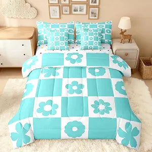 Feelyou Cute Flowers Checked Twin Comforter Set with Sheets for Kids Boys Girls Blue White Plaid 7 Pieces Bedding Set Geometric Preppy Bed in a Bag Fashion Geometric Style Room Decor
