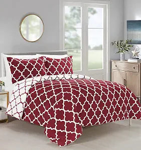 Elegant Comfort All Season Comforter and Year Round Medium Weight Super Soft Quatrefoil Pattern Down Alternative Reversible 3-Piece Comforter Set, Full/Queen, Burgundy/White