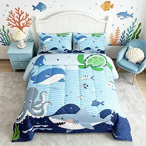 Homewish Shark and Whale Comforter Set Twin Size Ocean Quilt