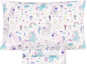 Scientific Sleep Cute Unicorn Flower Rainbow 100% Cotton Cozy Twin Bed Sheet Set, Flat Sheet & Fitted Sheet & Pillowcase Natural Bedding Set (Unicorn, Twin)