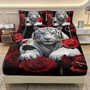 AILONEN 3D Tiger White Fitted Sheet Set Queen Size, Oil Red Rose Bedding Set for Girls,Romantic Moments Bed Sheet Set,African Wild Animal Bedsheets Set,1 Fitted Sheet 2 Pillowcases,3 Pcs