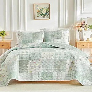 Flysheep Floral Patchwork Quilt Set Twin Size, 2 Pieces Green Flower Plaid Bedspread Coverlet Set, Lightweight Soft Microfiber Bed Cover for Kids (68" x 86", 1 Quilt+ 1 Pillow Sham)
