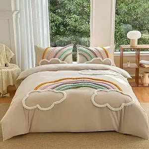 MEILA Tufted Rainbow Design Duvet Cover Set Washed Microfiber Queen, Beige