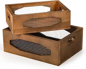 Okllen Set of 2 Wooden Nesting Countertop Baskets, Decorative Wood Storage Box Farmhouse Rustic Crate with Cutout Handles for Bread, Fruit, Vegetables, Kitchen, Bathroom, Pantry Supplies, Brown