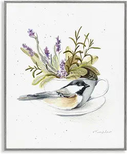 Bird Floral Teacup Botanical, 16 x 20 Inch Framed Gicle Print