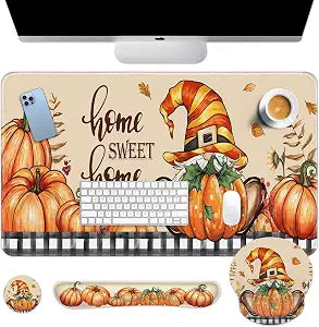 Britimes Keyboard Mouse Pad Set, 4 in 1 Desk Mat Set, Fall Gnomes Pumpkins
