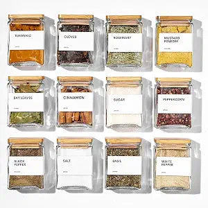 Glass Spice Jars with Bamboo Lid, 4oz Square Spice Containers for Pantry Organization, Seasoning Bottles with Labels, Spoons, Funnel for Salt Sugar
