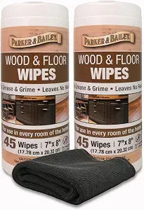 Parker & Bailey Wood & Floor Cleaning Wipes (2) 45 Pre-Moistened Wood Cleaner Wipes with Microfiber Cloth for Hardwood Floors, Cabinets, Furniture, Doors & Trim