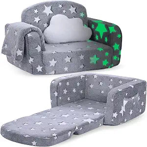 Kids Couch, 2-in-1 Soft Toddler Couch Fold Out with with Blanket and Cloud Pillow, Glow in The Dark, Toddler Chair Comfy, Convertible Sofa, Gifts for Kids Girl Boys, Medium Grey Star