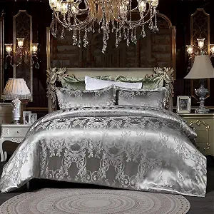 King Gray 3PCS Satin Embroidery Jacquard Duvet Cover Set