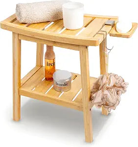Bamboo Shower Bench for Inside Shower Waterproof Bathroom Spa Seat with Shelf, Hooks & Soap Tray Wood Shower Stool for Shaving, Sauna, or Small Bathroom Natural