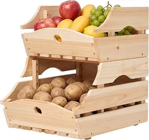 Stackable Wooden Storage Bins, Kitchen Counter Organizer with Handles, Produce Basket for Fruits, Vegetables, Potatoes, Onions, Snacks and Pantry Organization - 2 Piece