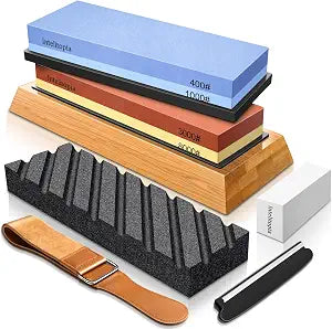 Intelitopia Complete Knife Sharpening Stone Set Dual Grit Whetstone 400/1000 3000/8000 Knife Sharpener with Leather Strop, Flattening Stone, Bamboo Base, 3 Non-slip Rubber Bases & Angle Guide